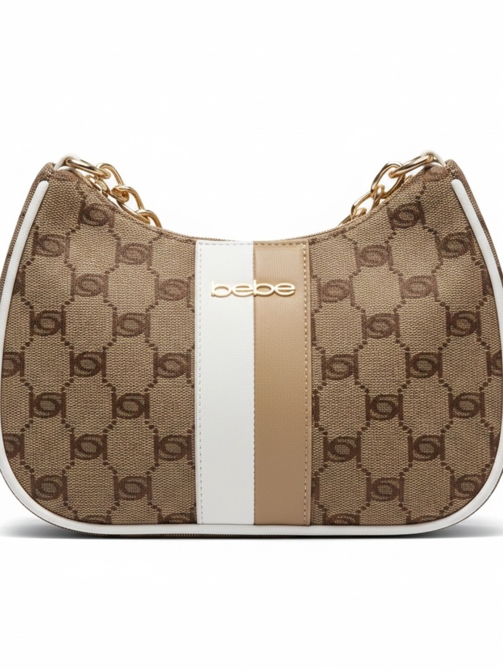 bebe Beige and White Logo Shoulder Bag